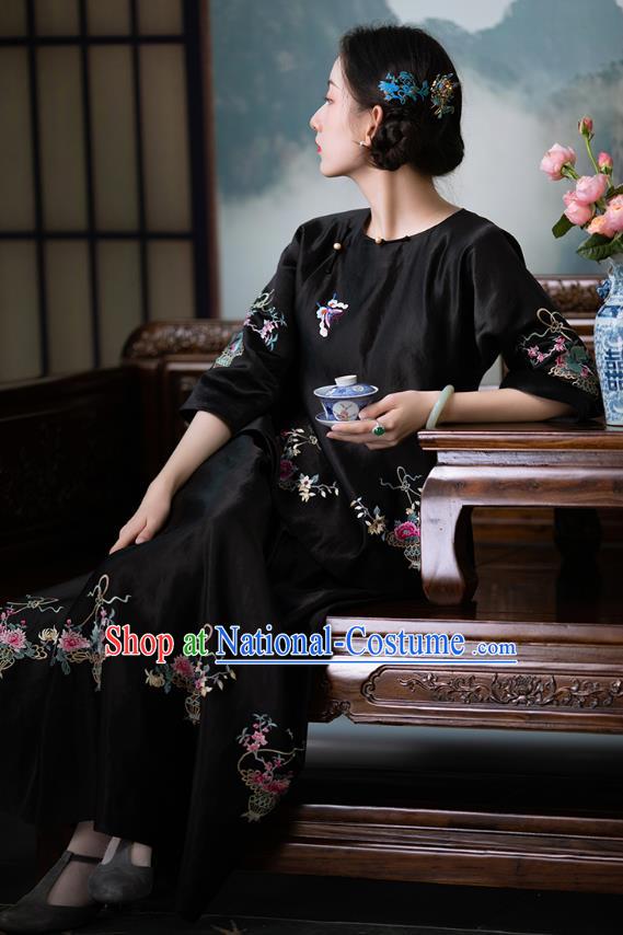 Chinese Traditional Embroidered Black Silk Shirt National Clothing Tang Suit Upper Outer Garment Blouse for Women