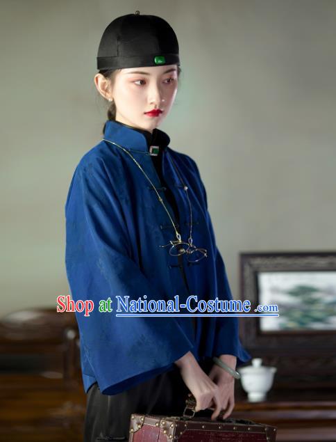 Chinese Tang Suit Upper Outer Garment Traditional National Shirt Clothing Classical Deep Blue Silk Blouse for Women