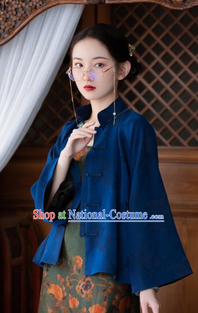 Chinese Tang Suit Upper Outer Garment Traditional National Shirt Clothing Classical Deep Blue Silk Blouse for Women