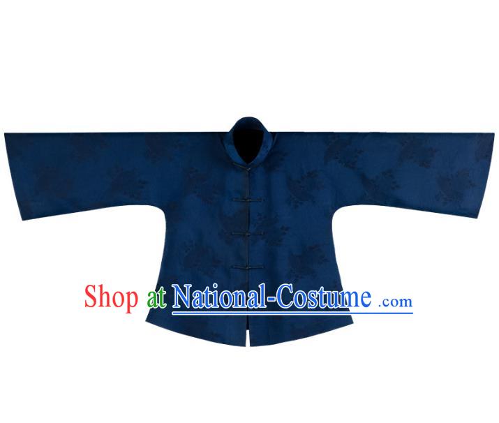 Chinese Tang Suit Upper Outer Garment Traditional National Shirt Clothing Classical Deep Blue Silk Blouse for Women