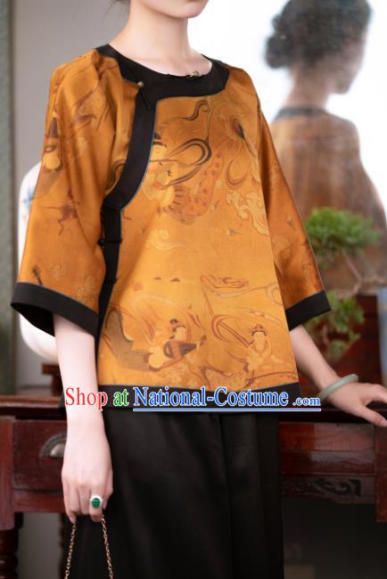 Chinese Yellow Silk Blouse Traditional National Shirt Clothing Tang Suit Upper Outer Garment for Women