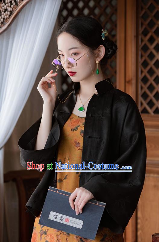 Chinese Traditional Clothing Classical Black Silk Blouse Tang Suit Upper Outer Garment National Shirt for Women