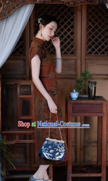 Chinese Traditional Qipao Costume Classical Goddess Pattern Dark Red Silk Cheongsam National Women Dress