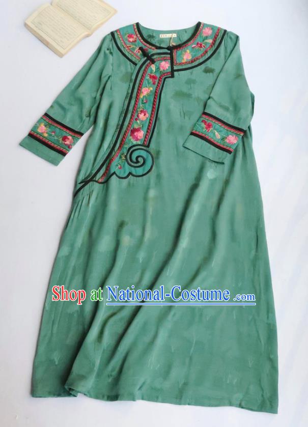 Chinese National Green Qipao Dress Women Traditional Embroidered Classical Cheongsam Clothing