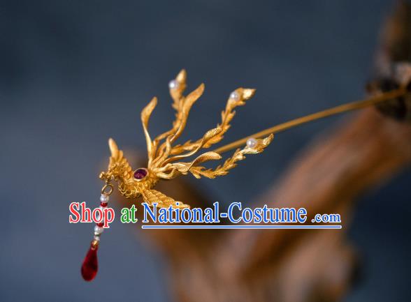 China Ming Dynasty Hair Accessories Handmade Ancient Golden Phoenix Tassel Hairpin