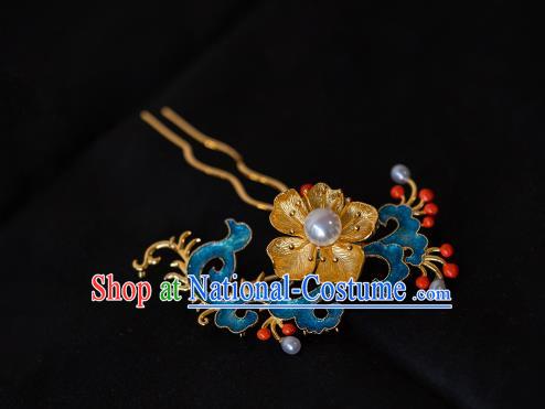 China Handmade Ancient Princess Golden Enamel Fissidens Flower Hairpin Ming Dynasty Court Lady Hair Accessories