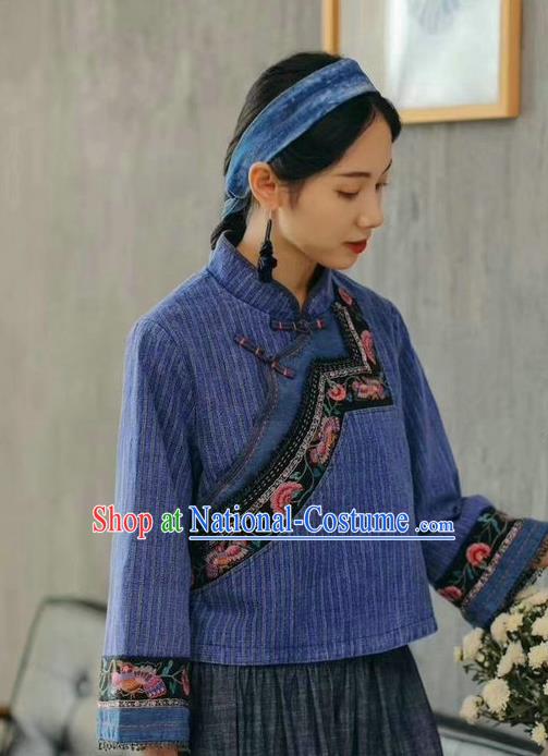 China National Women Blue Flax Shirt Traditional Classical Costume Tang Suit Embroidered Cheongsam Upper Outer Garment