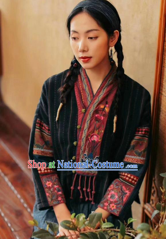 China Traditional Classical Costume Tang Suit Embroidered Cheongsam Upper Outer Garment National Women Black Flax Shirt