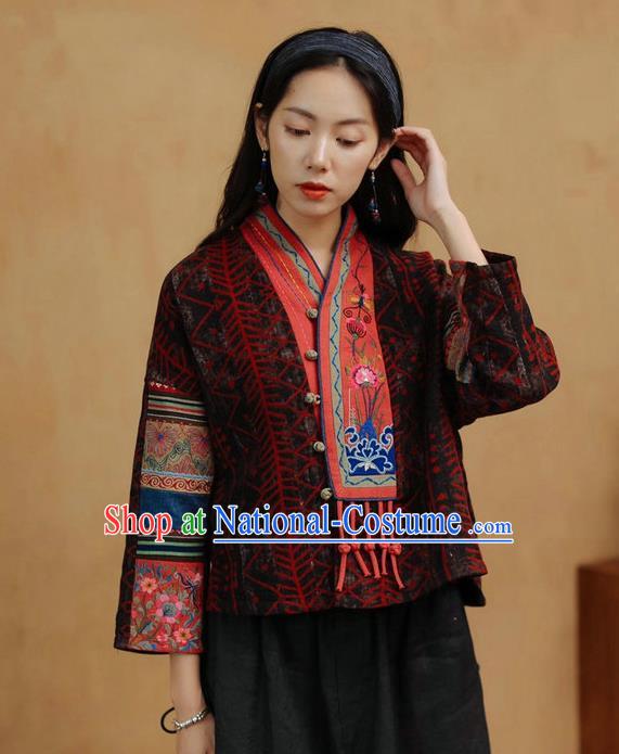 China Traditional Tang Suit Costume Embroidered Cheongsam Upper Outer Garment National Women Brown Flax Jacket