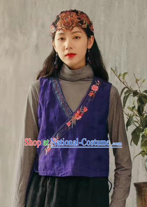 China Traditional Clothing National Women Embroidered Waistcoat Tang Suit Deep Blue Flax Vest