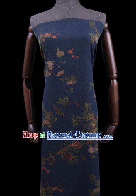 Chinese Classical Flowers Bird Pattern Deep Blue Silk Drapery Cloth Asian Traditional Cheongsam Fabric Watered Gauze