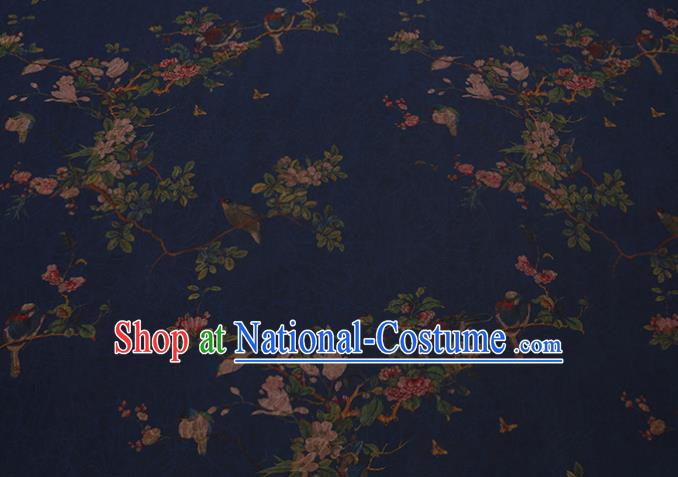 Chinese Classical Flowers Bird Pattern Deep Blue Silk Drapery Cloth Asian Traditional Cheongsam Fabric Watered Gauze