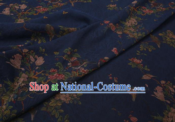 Chinese Classical Flowers Bird Pattern Deep Blue Silk Drapery Cloth Asian Traditional Cheongsam Fabric Watered Gauze