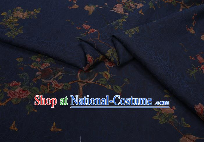 Chinese Classical Flowers Bird Pattern Deep Blue Silk Drapery Cloth Asian Traditional Cheongsam Fabric Watered Gauze