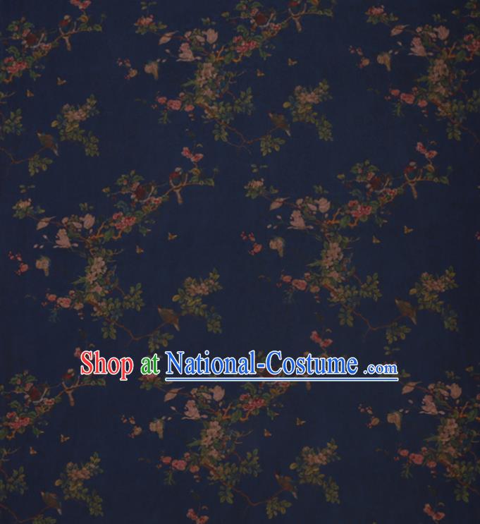 Chinese Classical Flowers Bird Pattern Deep Blue Silk Drapery Cloth Asian Traditional Cheongsam Fabric Watered Gauze