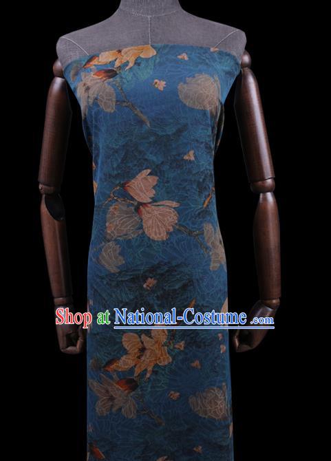 Chinese Classical Yulan Magnolia Pattern Blue Silk Drapery Cloth Asian Watered Gauze Traditional Cheongsam Fabric