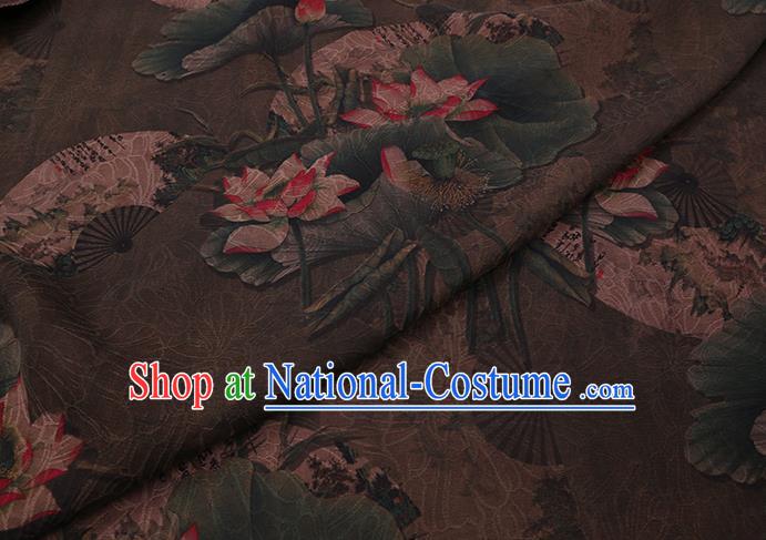 Chinese Classical Lotus Pattern Brown Silk Drapery Asian Watered Gauze Fabric Traditional Cheongsam Cloth