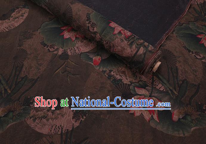 Chinese Classical Lotus Pattern Brown Silk Drapery Asian Watered Gauze Fabric Traditional Cheongsam Cloth