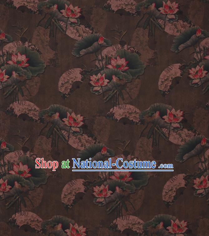 Chinese Classical Lotus Pattern Brown Silk Drapery Asian Watered Gauze Fabric Traditional Cheongsam Cloth