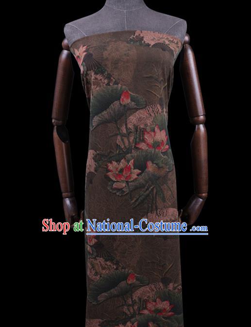 Chinese Classical Lotus Pattern Brown Silk Drapery Asian Watered Gauze Fabric Traditional Cheongsam Cloth