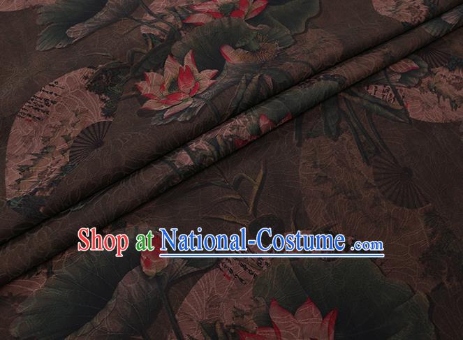 Chinese Classical Lotus Pattern Brown Silk Drapery Asian Watered Gauze Fabric Traditional Cheongsam Cloth