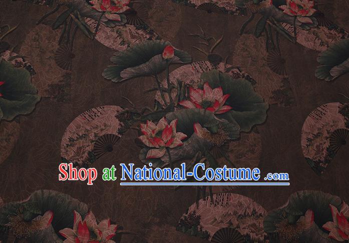 Chinese Classical Lotus Pattern Brown Silk Drapery Asian Watered Gauze Fabric Traditional Cheongsam Cloth