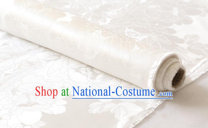 Traditional White Silk Drapery Chinese Cheongsam Classical Royal Peony Pattern Cloth Satin Fabric