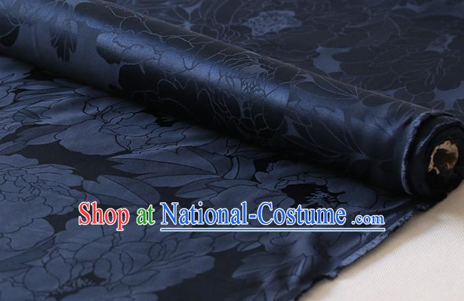 Chinese Cheongsam Classical Royal Peony Pattern Satin Fabric Cloth Traditional Navy Silk Drapery