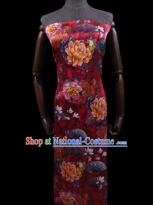 Chinese Classical Peony Pattern Satin Fabric Traditional Cheongsam Cloth Red Silk Drapery