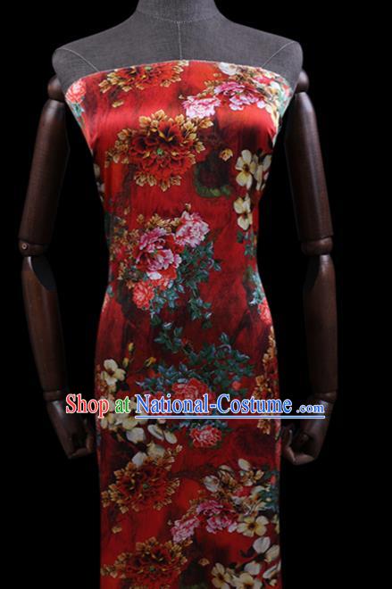 Chinese Red Silk Drapery Classical Peony Pattern Satin Fabric Traditional Cheongsam Cloth