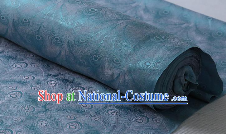 Chinese Silk Fabric Classical Phoenix Feather Pattern Cheongsam Jacquard Cloth Traditional Blue Silk Drapery