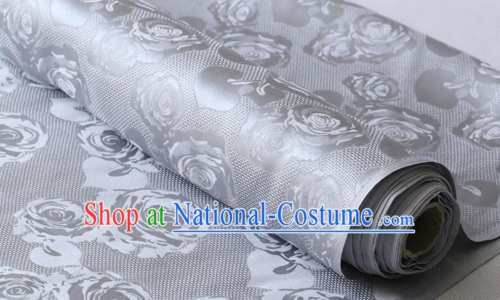 Chinese Grey Silk Drapery Classical Hollowed Rose Pattern Damask Fabric Traditional Cheongsam Jacquard Cloth