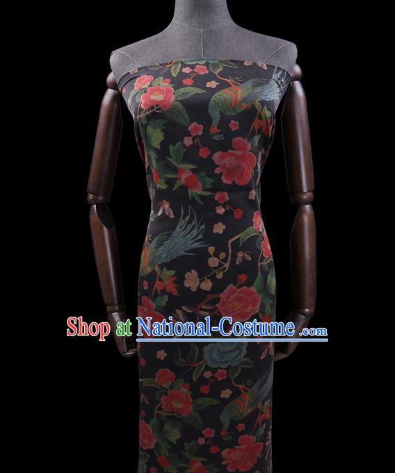 Chinese Black Silk Drapery Traditional Cheongsam Cloth Classical Peacock Peony Pattern Satin Fabric