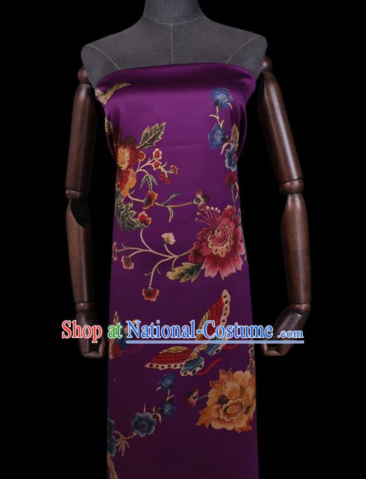 Chinese Cheongsam Satin Fabric Traditional Gambiered Guangdong Silk Classical Peony Butterfly Pattern Purple Watered Gauze