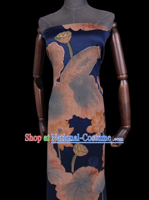 Chinese Classical Lotus Pattern Deep Blue Satin Fabric Traditional Cheongsam Watered Gauze Gambiered Guangdong Silk