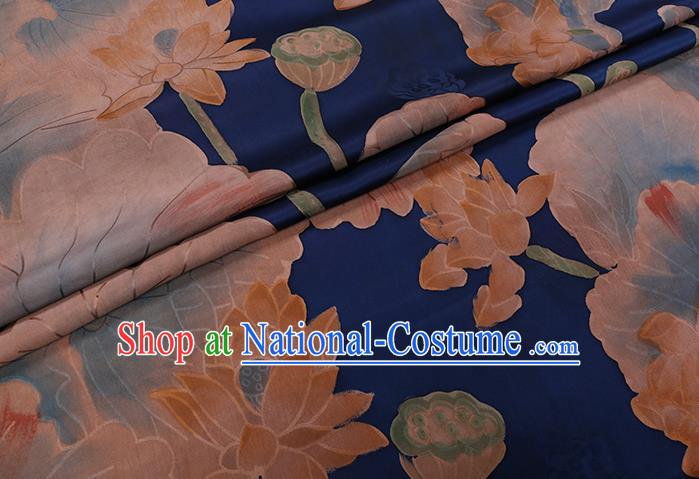 Chinese Classical Lotus Pattern Deep Blue Satin Fabric Traditional Cheongsam Watered Gauze Gambiered Guangdong Silk