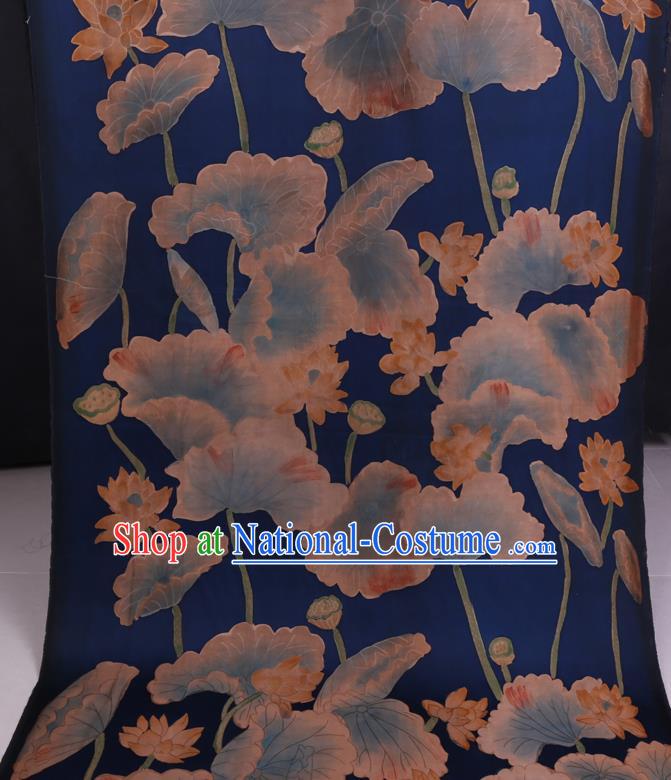 Chinese Classical Lotus Pattern Deep Blue Satin Fabric Traditional Cheongsam Watered Gauze Gambiered Guangdong Silk