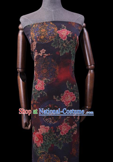 Chinese Cheongsam Silk Fabric Traditional Watered Gauze Classical Peony Pattern Navy Gambiered Guangdong Silk