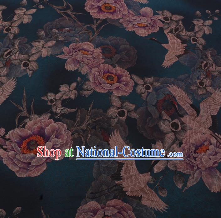 Chinese Classical Crane Peony Pattern Dark Green Gambiered Guangdong Silk Traditional Watered Gauze Cheongsam Silk Fabric