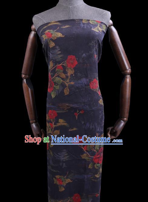 Chinese Classical Roses Pattern Navy Silk Drapery Cheongsam Damask Traditional Gambiered Guangdong Gauze Cloth Fabric