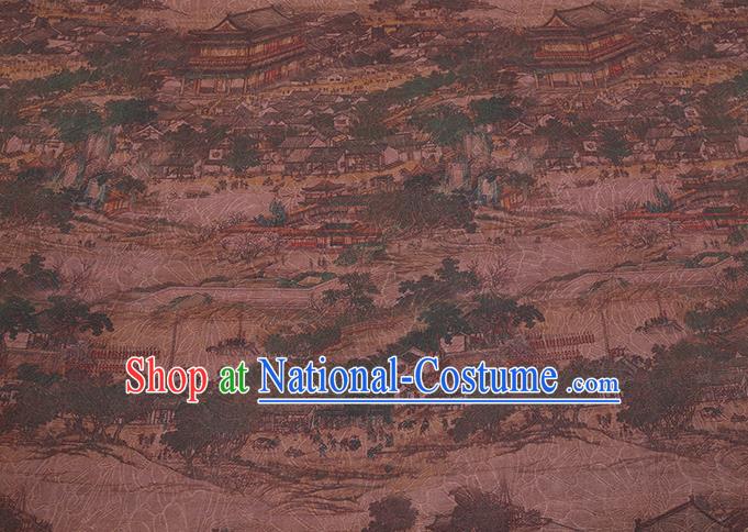 Chinese Cheongsam Brown Damask Traditional Gambiered Guangdong Gauze Cloth Fabric Classical Riverside Scene at Qingming Festival Pattern Silk Drapery