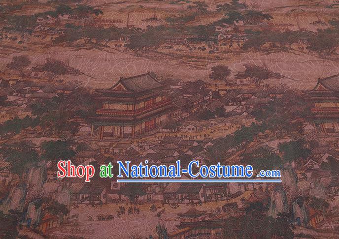 Chinese Cheongsam Brown Damask Traditional Gambiered Guangdong Gauze Cloth Fabric Classical Riverside Scene at Qingming Festival Pattern Silk Drapery