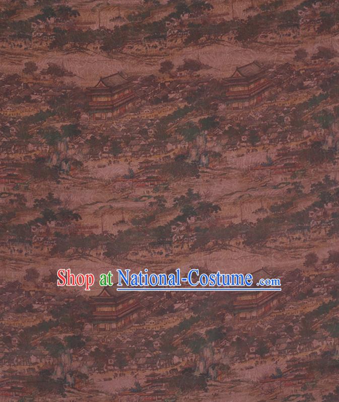 Chinese Cheongsam Brown Damask Traditional Gambiered Guangdong Gauze Cloth Fabric Classical Riverside Scene at Qingming Festival Pattern Silk Drapery