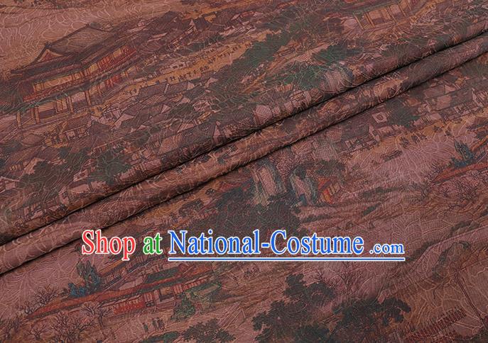 Chinese Cheongsam Brown Damask Traditional Gambiered Guangdong Gauze Cloth Fabric Classical Riverside Scene at Qingming Festival Pattern Silk Drapery