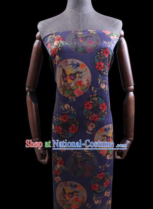 Chinese Traditional Satin Cloth Gambiered Guangdong Gauze Cheongsam Fabric Classical Flowers Bird Pattern Navy Blue Silk Drapery