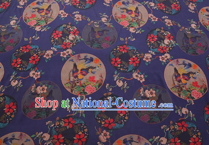 Chinese Traditional Satin Cloth Gambiered Guangdong Gauze Cheongsam Fabric Classical Flowers Bird Pattern Navy Blue Silk Drapery