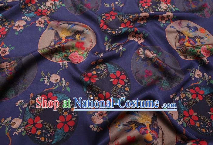 Chinese Traditional Satin Cloth Gambiered Guangdong Gauze Cheongsam Fabric Classical Flowers Bird Pattern Navy Blue Silk Drapery