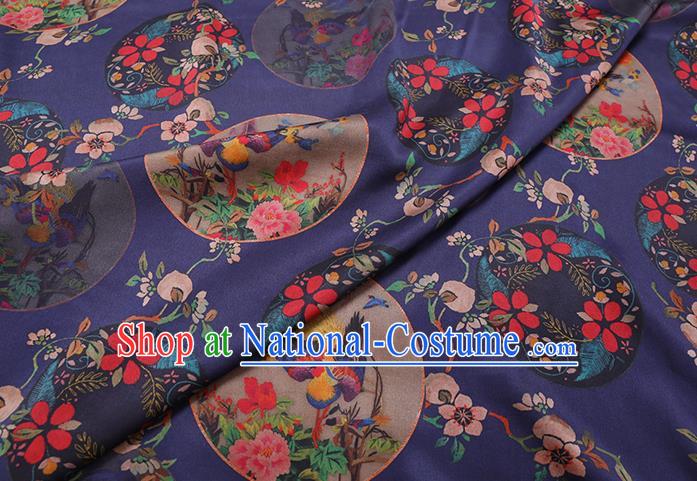 Chinese Traditional Satin Cloth Gambiered Guangdong Gauze Cheongsam Fabric Classical Flowers Bird Pattern Navy Blue Silk Drapery