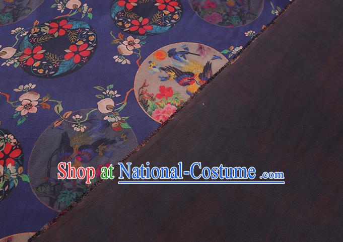 Chinese Traditional Satin Cloth Gambiered Guangdong Gauze Cheongsam Fabric Classical Flowers Bird Pattern Navy Blue Silk Drapery