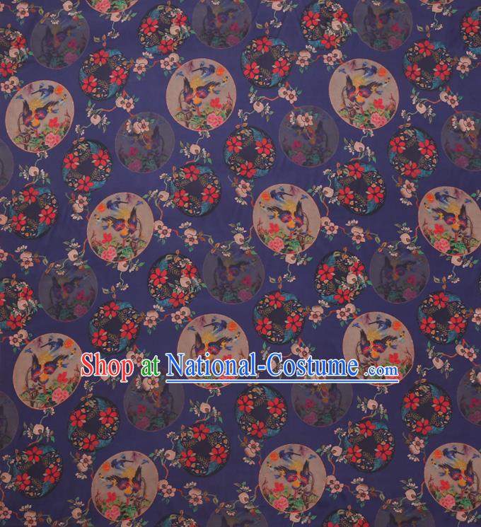 Chinese Traditional Satin Cloth Gambiered Guangdong Gauze Cheongsam Fabric Classical Flowers Bird Pattern Navy Blue Silk Drapery